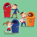 Small kids sort their wastes and put the trash in recycling bins