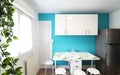 Small kitchen with blue colored wall