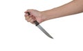 Small kitchen knife in man hand seems hold on back isolated with white background