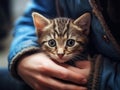 Small kitten is being held by a person in a blue jacket