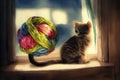 Kitten Sitting on Window Sill Next to Ball of Yarn. Generative AI