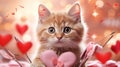 A small kitten with a heart shaped object in its mouth, AI