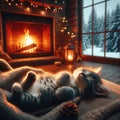 Small kitten sleeping near open fire with view of cold exterior