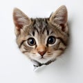 A small kitten peeking out of a hole in a white wall Royalty Free Stock Photo