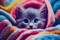 a small kitten is peeking out from under a blanket with a blue eyes and a pink hoodie on