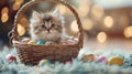 A small kitten sitting in a basket with easter eggs, AI Royalty Free Stock Photo