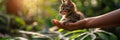 A small kitten sitting in a persons hand with green leaves, AI