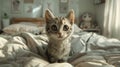 A small kitten sitting on top of a bed with white sheets, AI Royalty Free Stock Photo