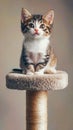 A small kitten sitting on top of a scratching post Royalty Free Stock Photo