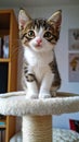 A small kitten sitting on top of a scratching post Royalty Free Stock Photo
