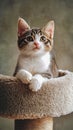 A small kitten sitting on top of a scratching post Royalty Free Stock Photo