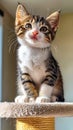 A small kitten sitting on top of a scratching post Royalty Free Stock Photo