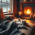 Small kitten sleeping near open fire with view of cold exterior