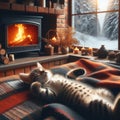 Small kitten sleeping near open fire with view of cold exterior