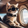 a small kitten in sunglasses looks outside of an airplane window Royalty Free Stock Photo