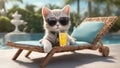 kitten wearing shades, with lemonade laying on a chaise lounge chair by the pool AI created