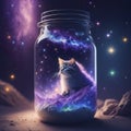 A small kitty in an unopenable dream magical jar, surreal photography, portrait, galaxy environment. AI generated