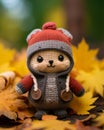 a small knitted bear wearing a red hat