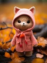 a small knitted cat wearing a pink coat