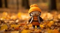 a small knitted doll in an orange and brown outfit standing in the middle of a pile of fallen leaves Royalty Free Stock Photo