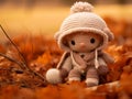 a small knitted doll sitting in the leaves