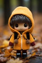 a small knitted doll wearing a yellow jacket