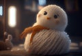 Small knitted snowman with orange scarf isolated on dark background