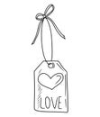 Small label tag with ribbon and heart forgifts, clothes, symbol of love, Valentines day sticker in black on white background. Hand