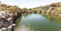 A small lake with fish framed by hexagonal rocks with overgrown bushes and trees on the banks in Yehudia National Natural Park in