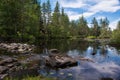 Small lake in the forest with reflection, water lily and wooden house, Norway Royalty Free Stock Photo