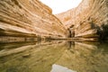 Small lake in Israeli mountains with water reflection. Surrounded with yellow rocks and clifs Royalty Free Stock Photo