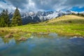 Small lake and snowy mountains in background, Piatra Craiului, Romania Royalty Free Stock Photo