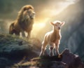 Lamb is bold because Lion is near Royalty Free Stock Photo