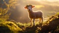 A small lamb with a flower crown, standing on a grassy hillside with the warmth of spring sunlight above pic Royalty Free Stock Photo