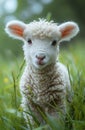 Small lamb is sitting in the grass. Cute little lamb
