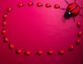 Small and large toy ladybirds on a red background ,copy space Royalty Free Stock Photo