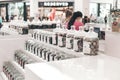 Small leaf tea shop in the mall. Variety of glass jars with herbal and leaves tea. Moscow, Russia 2019-07-14