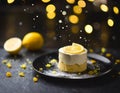 Small lemon cake, decorated with a thick layer of icing and a slice of lemon, dark background