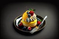 small lemon cake with fruit on plate on dark background