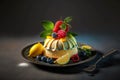 small lemon cake with fruit on plate on dark background