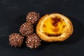 Small Lemon Custard Pie served with Four Nutty Chocolate Ice cream Balls Royalty Free Stock Photo