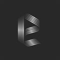 Small letter e logo monogram minimal style with curls, weaving metallic gradient stripes from smooth parallel thin lines, rounded