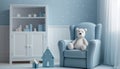 Small light blue armchair for kid standing in white room interior with stars on the wall, white rug and cupboard with books, teddy