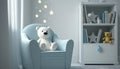 Small light blue armchair for kid standing in white room interior with stars on the wall, white rug and cupboard with books, teddy