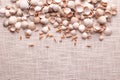 Small light shells on a beige fabric background