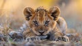 A small lion cub laying on the ground in a field, AI Royalty Free Stock Photo