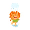 Little lion walk in the rain. Vector illustration.