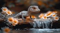 A small lizard rests on a log, amidst wildflowers and a gentle waterfall Royalty Free Stock Photo