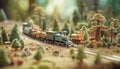 Small locomotive on railroad track through forest, a childhood decoration generated by AI