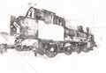 Small locomotive, steam, photography, rusty, wagon, train, art, illustration, drawing, sketch, antique, retro, vintage.